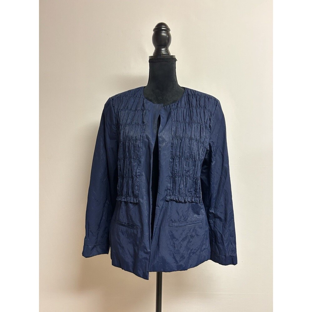 Chicos Sz 2 Womens Sz L Navy Jacket Lining Open Front Long Sleeve Smocked